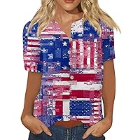 American Flag 4Th of July for Women's Top 2024 Dressy Stars Stripes Print Pullover Vneck Short Sleeve T-Shirt Blouse