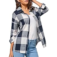 Women's Plaid Cotton Linen Loose Casual Shirt Boyfriend Blouse Check Jacket Tops Lapels Long Sleeve Flannel Shirts