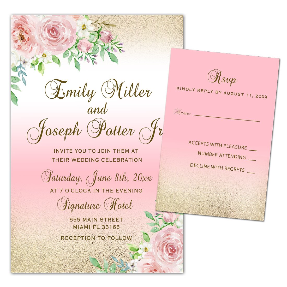 250 Wedding Invitations Gold Pink Roses Floral Design + Envelopes + Response Cards Set