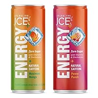 Sparkling Ice +ENERGY Maximum Mango Sparkling Water 12 fl oz Cans (Pack of 12) & Sparkling Ice +ENERGY Power Punch Sparkling Water with Vitamins & Electrolytes, Zero Sugar, 12 fl oz Cans (Pack of 12)