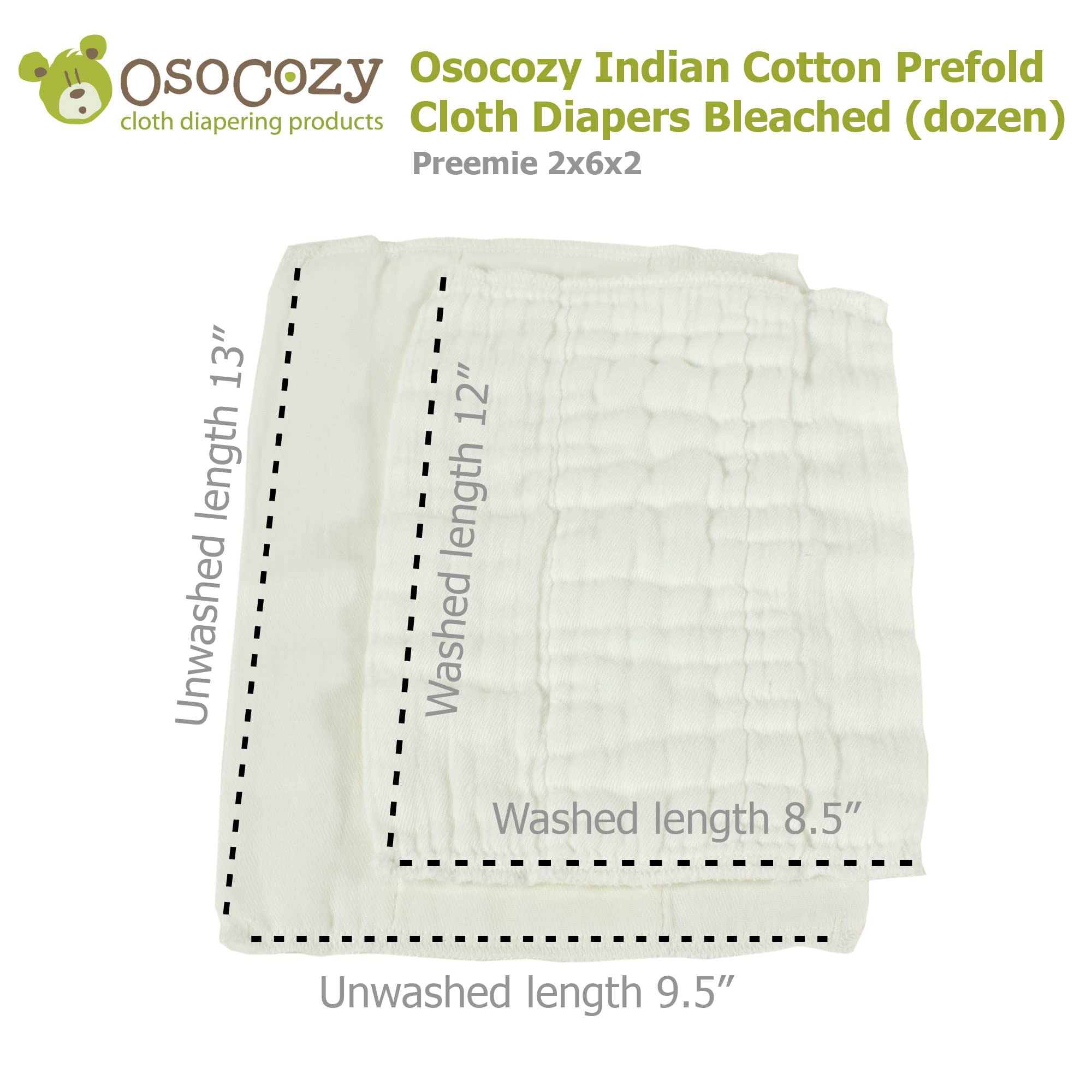 OsoCozy - Indian Cotton Prefolds (Dozen) - Soft and Absorbent Baby Diapers Made of 100% Indian Cotton - 9.5