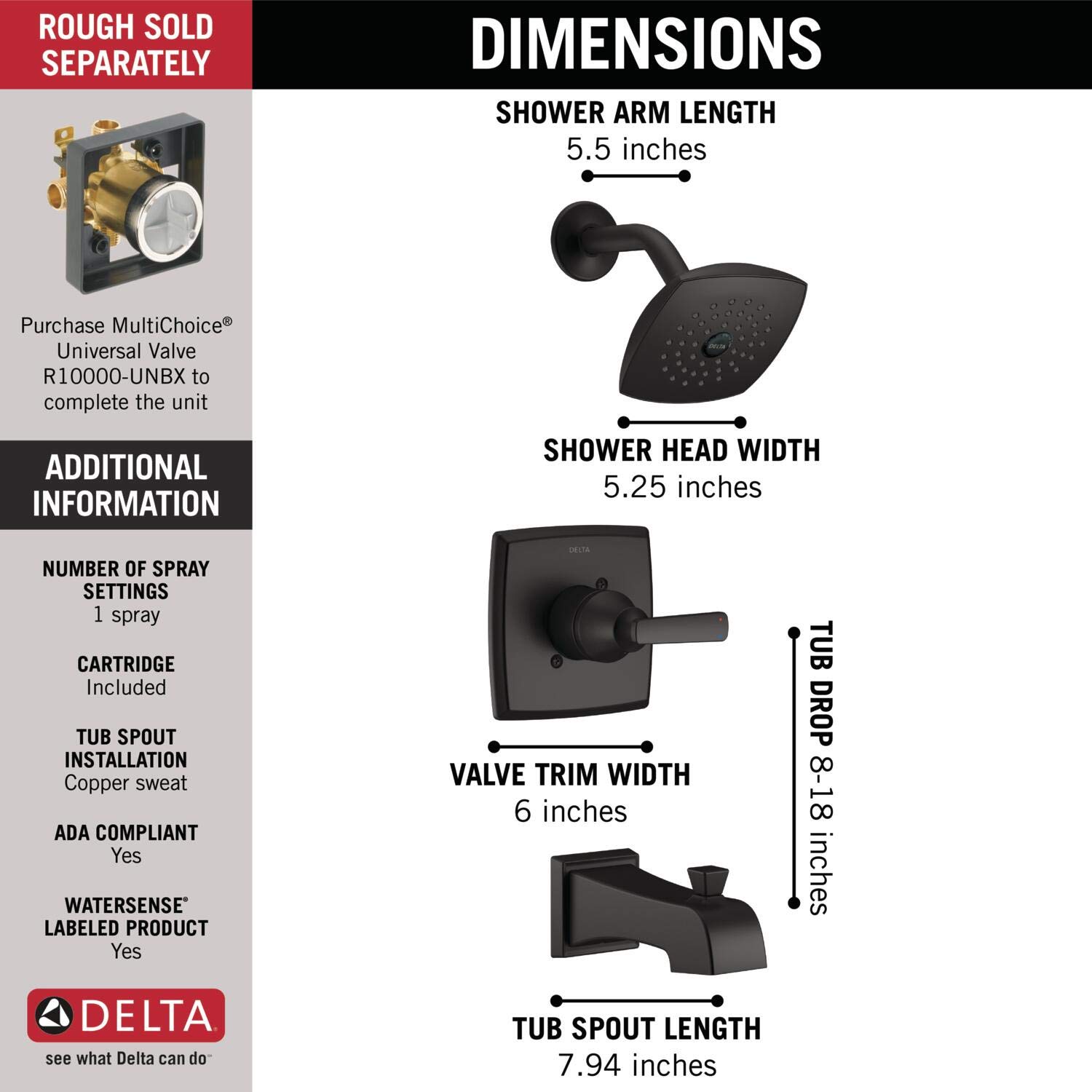 DELTA FAUCET T14464-BL Ashlyn Monitor 14 Series Tub and Shower Trim Tub & Shower, Without Rough, Matte Black