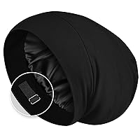 Zenssia Satin Lined Hair Bonnet for Sleeping, Sleep Cap for Women and Men with Adjustable Strap, Stay On All Night Hair Wrap, Black, Pack of 1