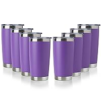 DOMICARE 20oz Stainless Steel Tumbler Bulk with Lid, Double Wall Vacuum Insulated Travel Mug, Powder Coated Coffee Cup (Powder Purple, 8)