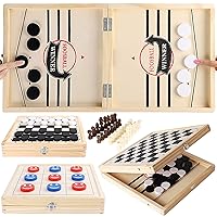 Fast Sling Puck Game, Wooden Hockey Table Game, 4 in 1 Foldable Family Tabletop Games Set - Chess Set, Checkers Game, Tic Tac Toe and Slingshot Board Games