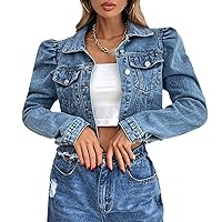 Blue Cropped Denim Jacket Women's Puff Sleeves Button Pockets Vintage Street Style Ripped Denim Jacket