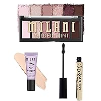 Milani Eyeshadow Primer + Gilded Mini Eyeshadow Palette - The Wine Down + Highly Rated Anti-Gravity Black Mascara with Castor Oil and Molded Hourglass Shaped Brush