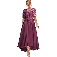 Chiffon Mother of The Bride Dresses for Women 2024 Hi-lo Evening Gown with Sleeves Lace Formal Dress