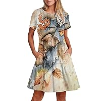 Women's Short Sleeve Dress Summer Casual Round Neck Gradient/Floral Loose Beach Boho Dress with Pockets, S-2XL