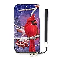 Red Cardinal Bird Sits on Snowy Branches Wristlet Wallet Leather Long Card Holder Purse Slim Clutch Handbag for Women