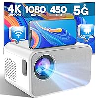 Native 1080P Projector,450 ANSI Lumen 4K Supported mini Projector,4P/4D Keystone Correction,Android 9.0 OS with Build in App Store,5G WiFi Wireless Screencast for iPhone