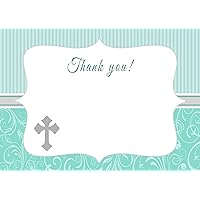 30 Blank Thank You Cards Mint Grey Stripes Cross Religious Design Baptism Dedication Holy Communion Christening Confirmation + 30 White Envelopes