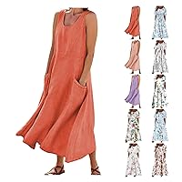 Women's Floral Dress Fashion Casual Solid Colour Sleeveless Cotton Linen Pocket Dress, S-3XL