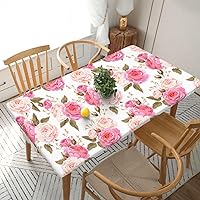 Pink Rose Floral Flower Table Cover with Elastic Edges Fitted Tablecloth for 5 Ft Rectangle Table, Washable Reusable Polyester Table Clothes for Kitchen Dining Picnic Party (30x60 Inch)