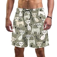 Cats Meow with Stars Quick Dry Swim Trunks Men's Swimwear Bathing Suit Mesh Lining Board Shorts with Pocket, L