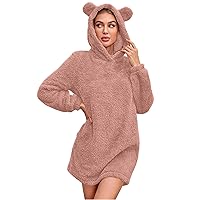 Women's Fuzzy Fleece Bear Hoodies Sweatshirt Dress Long Sleeve Solid Cute Fluffy Hooded Tunic Mini Pullover Dresses