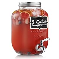 2 Gallon Glass Beverage Dispenser, 18/8 Stainless Steel Spigot and Lid - Glass Drink Dispensers for Parties - Mason Jar Drink Dispensers with Lids - Laundry Detergent Holder