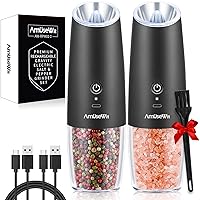 AmuseWit Gravity Electric Salt and Pepper Grinder Set of 4 [White Light] USB Rechargeable Automatic Pepper and Salt Mills,Adjustable Coarseness,One-Handed Operation,Matte Black