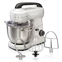 Hamilton Beach Electric Stand Mixer, 4 Quarts, Dough Hook, Flat Beater Attachments, Splash Guard, 7 Speeds with Whisk, White