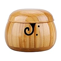 TRRAPLE Wooden Yarn Bowl, Handmade Yarn Storage Bowl with Removable Lid Crafted Wooden Weaving Thread Bowl with Carved Holes and Drills Holes