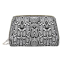 BREAUX Black White Snake Skin Print Leather Portable Cosmetic Bag, Portable Cosmetic Clutch Bag, Leather Cosmetic Bag (Small)
