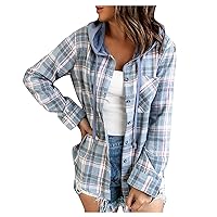 Women's Fashion Color Block Plaid Flannel Shacket Jacket Casual Long Sleeve Button Down Shirt Lounge Fall Coat Tops