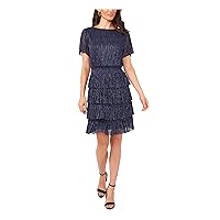 MSK Womens Navy Smocked Lined Tiered Pullover Keyhole Back Pinstripe Flutter Sleeve Round Neck Above The Knee Evening Fit + Flare Dress S