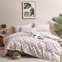 Houseri White and Pink Comforter Set Queen Plaid Baby Pink Checkerboard Comforter Bedding Sets Queen Size Girls Women Elegant Light Pink Grid Buffalo Checkered Bed Comforter Comfy Soft Pale Pink Queen