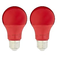 Amazon Basics A19 Red Color Party LED Light Bulb, 60 Watt Equivalent, Energy Efficient 9W, E26 Standard Base, Non-Dimmable, 10,000 Hour Lifetime , 2-Pack