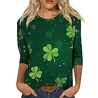 St Patricks Day Shirt Women,3/4 Sleeve Tops for Women Green Irish Shamrock Print Round Neck Blouse Going Out Tops for Women