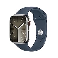 Apple Watch Series 9 [GPS + Cellular 45mm] Smartwatch with Silver Stainless Steel Case with Storm Blue Sport Band M/L. Fitness Tracker, Blood Oxygen & ECG Apps, Always-On Retina Display