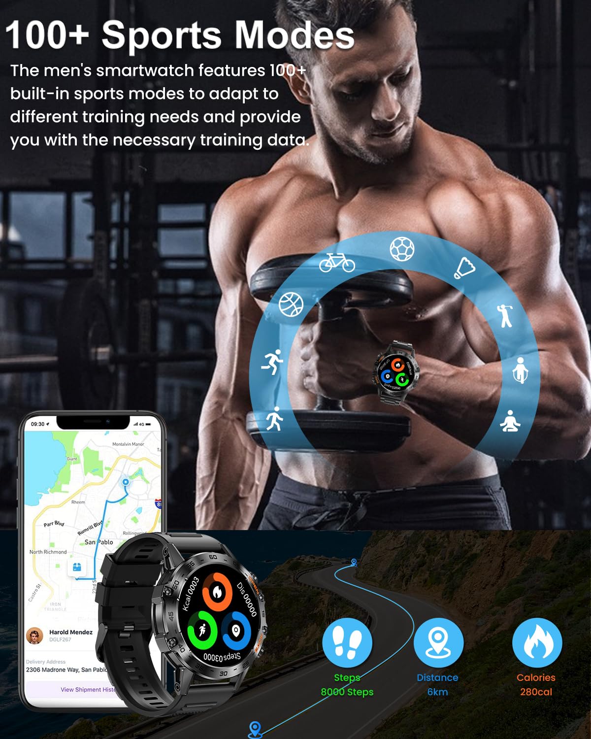 PODOEIL Military Smart Watch for Men with Bluetooth Calling, 108 Sports Modes Activity Tracker Watch for iPhone Samsung Android, 1.39
