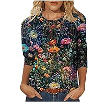 Women's Floral Printed T-Shirts Summer Casual 3/4 Length Sleeve Tops Crewneck Pullover Tees Loose Fit Comfy Tunic Blouse