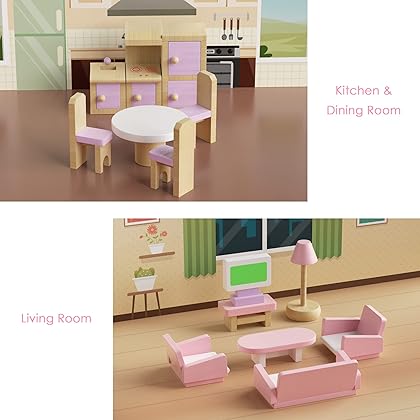 Wooden Dollhouse Furniture Set, 22 Pcs Miniature Dollhouse Accessories Including 5 Room Kits, Little People House Furniture, Doll House Furniture Toys Gift for Girls Boys Age 3+