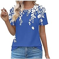 Summer Short Sleeve Pleated Tops for Women 2024 Vintage Floral Print Womens Blouses Casual Crewneck Loose Fit Tshirt Tees