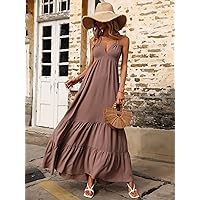 2023 Spring Dress Pants Women Ruffle Hem Backless Halter Neck Dress Dresses (Color : Redwood, Size : Medium)