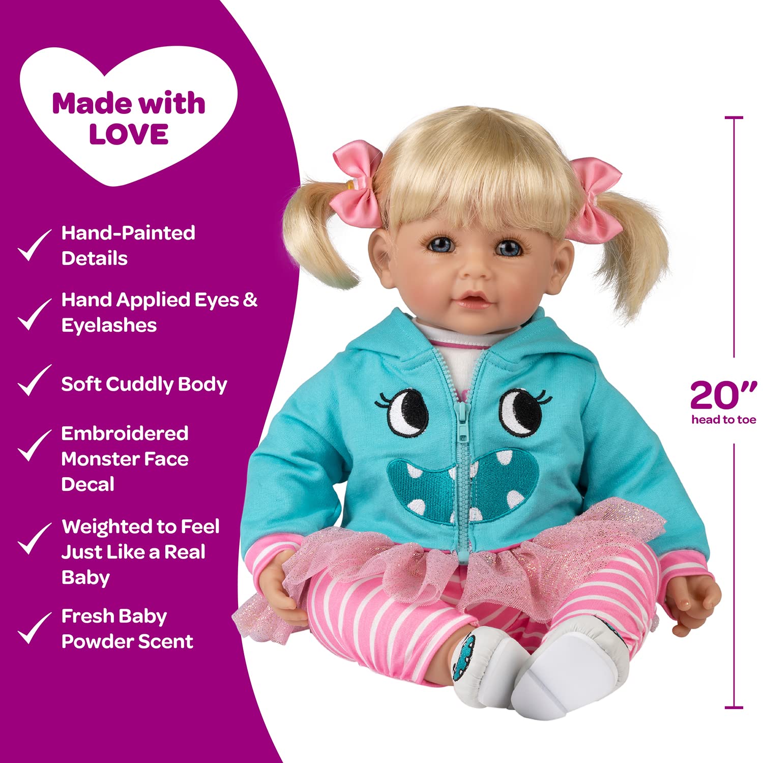 Adora Realistic Baby Doll Little Monster Toddler Doll - 20 inch, Soft CuddleMe Vinyl, Blonde Hair, Blue eyes