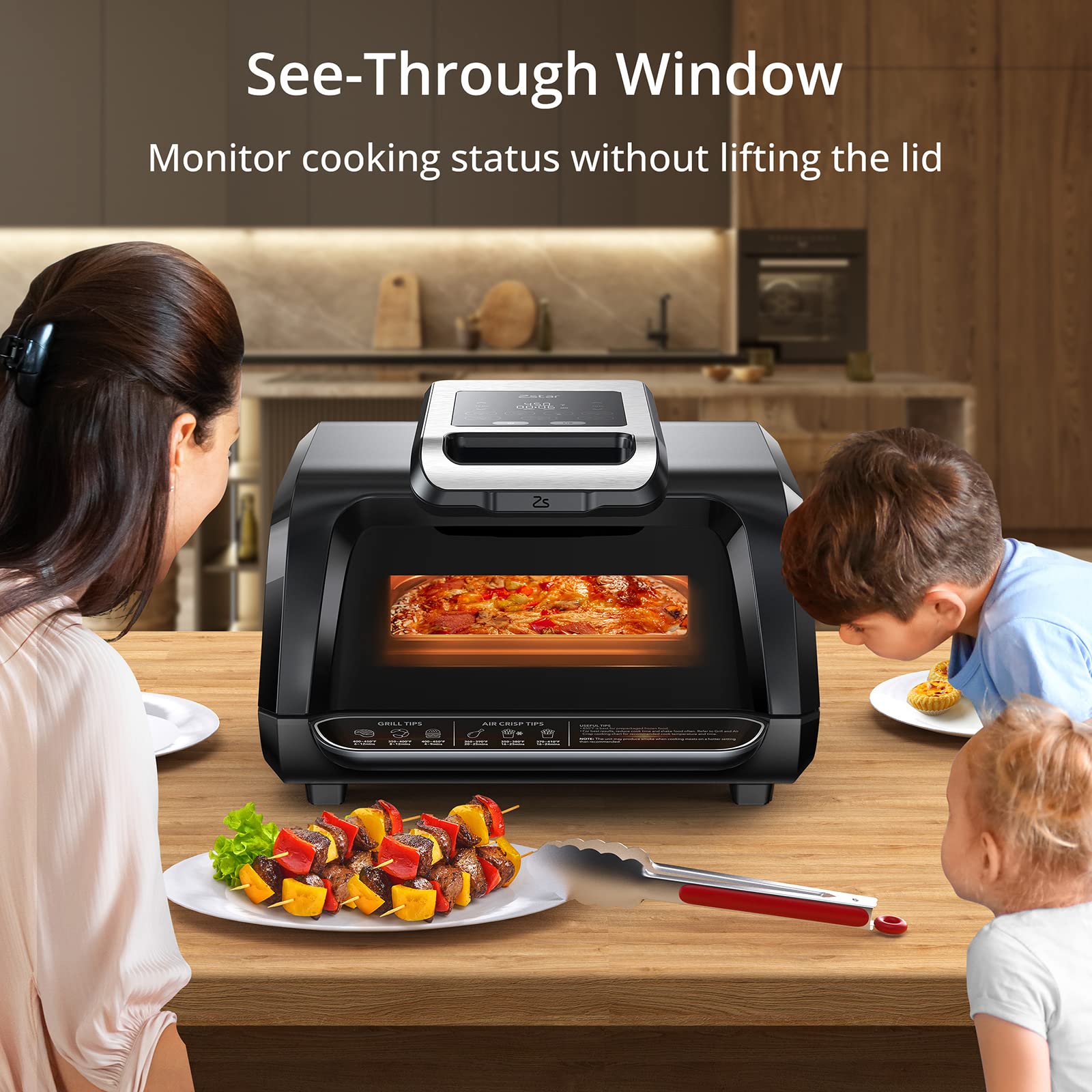 Zstar Indoor Grill Air Fryer Combo with See-Through Window, 7-in-1 Smokeless Electric Air Grill up to 450°F, 1750W Contact Grill with Non-Stick Removable Plates, Even Heat, Silicon Tongs as Gift, 4Qt