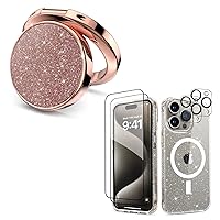 MIODIK Bundle for iPhone 15 Pro Max Case + Phone Ring Holder (Rose Gold), Magnetic Clear Glitter with 2Pcs Screen Protector + 2Pcs Camera Lens Protector, Protective Shockproof for Women