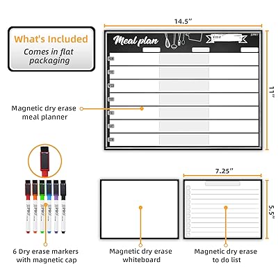 Magnetic Meal Planning Whiteboard - 14.5x11 Weekly Menu Board for Fridge -  7.5“x5.5 Notes - 7.5x5.5 Whiteboard for Kitchen Refrigerator - 6 Colors