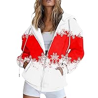 Women'S Clothing, Zip Up Hoodies Teen Girls Christmas Printed Sweatshirt Clothing Casual Drawstring Jacket With Pockets Fashion For Women Lightweight Jacket Hoodies Sweaters (S, Red)