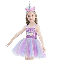 Girls Dress Up Costume Unicorn Rainbow Princess Dresses with Hair Hoop Wing Size 3-8