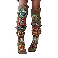Womens Granny Square Over Knee High Socks Crochet Knitted Stockings Tube Long Leg Warmers Cable Thigh High Boot Socks