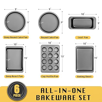 HONGBAKE Nonstick Baking Pans Set, Bakeware Sets of 6,Professional Baking Sheet Set for Loaf, Muffin, Cookie,Heavy-duty Carbon Steel - Grey