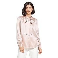 Mommesilk Pure 22 Momme Silk Bow Tie Blouse for Women Long Sleeve Ribbon Collar Work Casual Soft Luxury Ladies Shirt Top