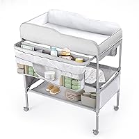 2 in 1 Baby Changing Table, Adjustable Height Waterproof Diaper Changing Station, Foldable Baby Changing Station with Large Storage, Mobile Nursery Organizer for Newborn/Infant Essentials