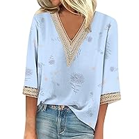 3/4 Sleeve Tees for Women V Neck Tops Casual Loose Tunic Blouse Cute Printed T Shirt Ladies Graphic Tees Shirts