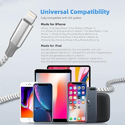iPhone Charger [Apple MFi Certified] 3pack 10FT Long Lightning Cable Fast Charging High Speed Data Sync USB Cable Compatible iPhone 13/12/11 Pro Max/XS MAX/XR/XS/X/8/7/Plus/6S (Grey White)