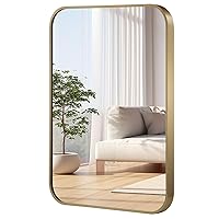 22x30 Inch Gold Mirror, Framed Rectangle Mirror with Rounded Corner, Brushed Brass Mirror, Gold Bathroom Mirror for Over Sink, Vanity, Living Room, Bedroom, Horizontal/Vertical