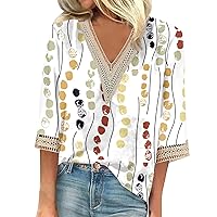 Womens Summer Tops 2024 Women's 3/4 Length Sleeve Shirts V-Neck Lace Trims Print Dressy Casual Tops Blouse Tunic Top
